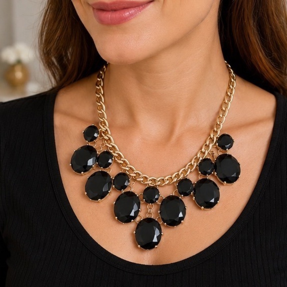 Gold Tone Black Faceted Crystal Statement Bib Necklace Chunky Chain